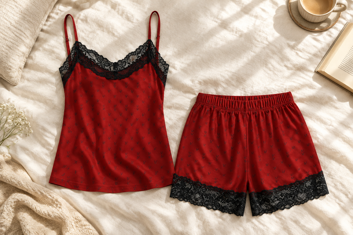 Red pajama set bedroom flat lay