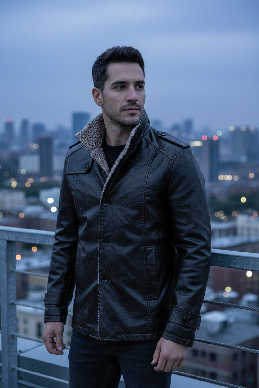 Rooftop at dusk in the black jacket