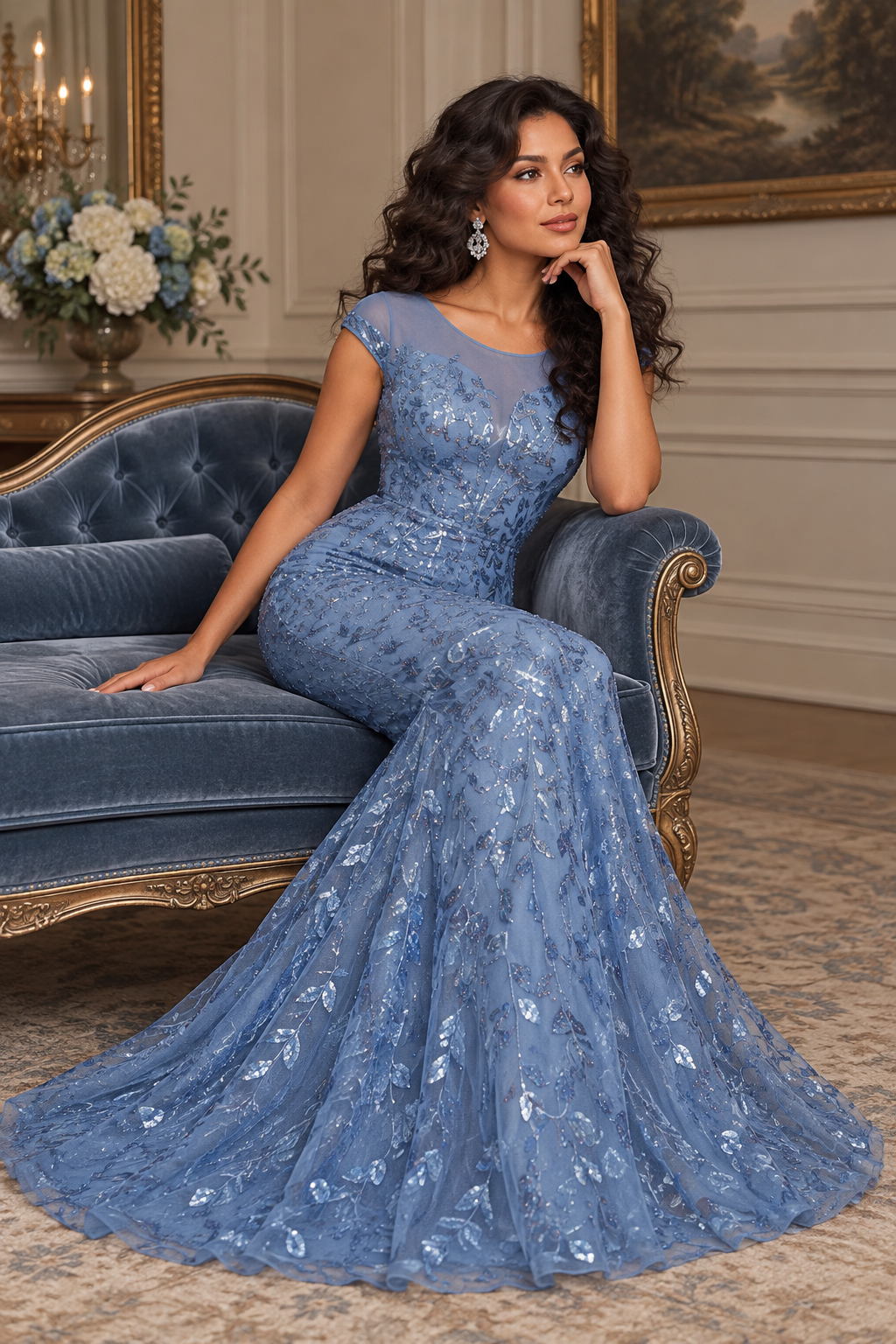 Seated on a velvet chaise