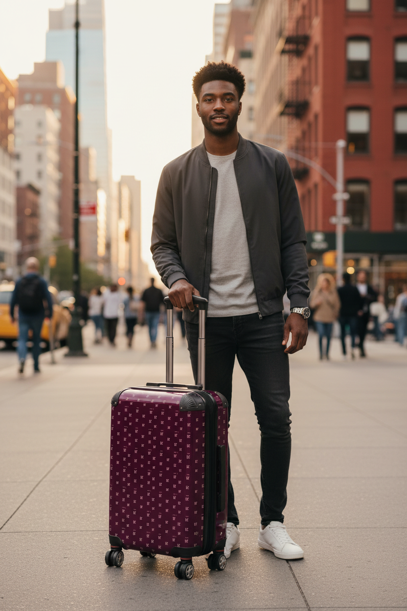 Sidewalk with suitcase upright