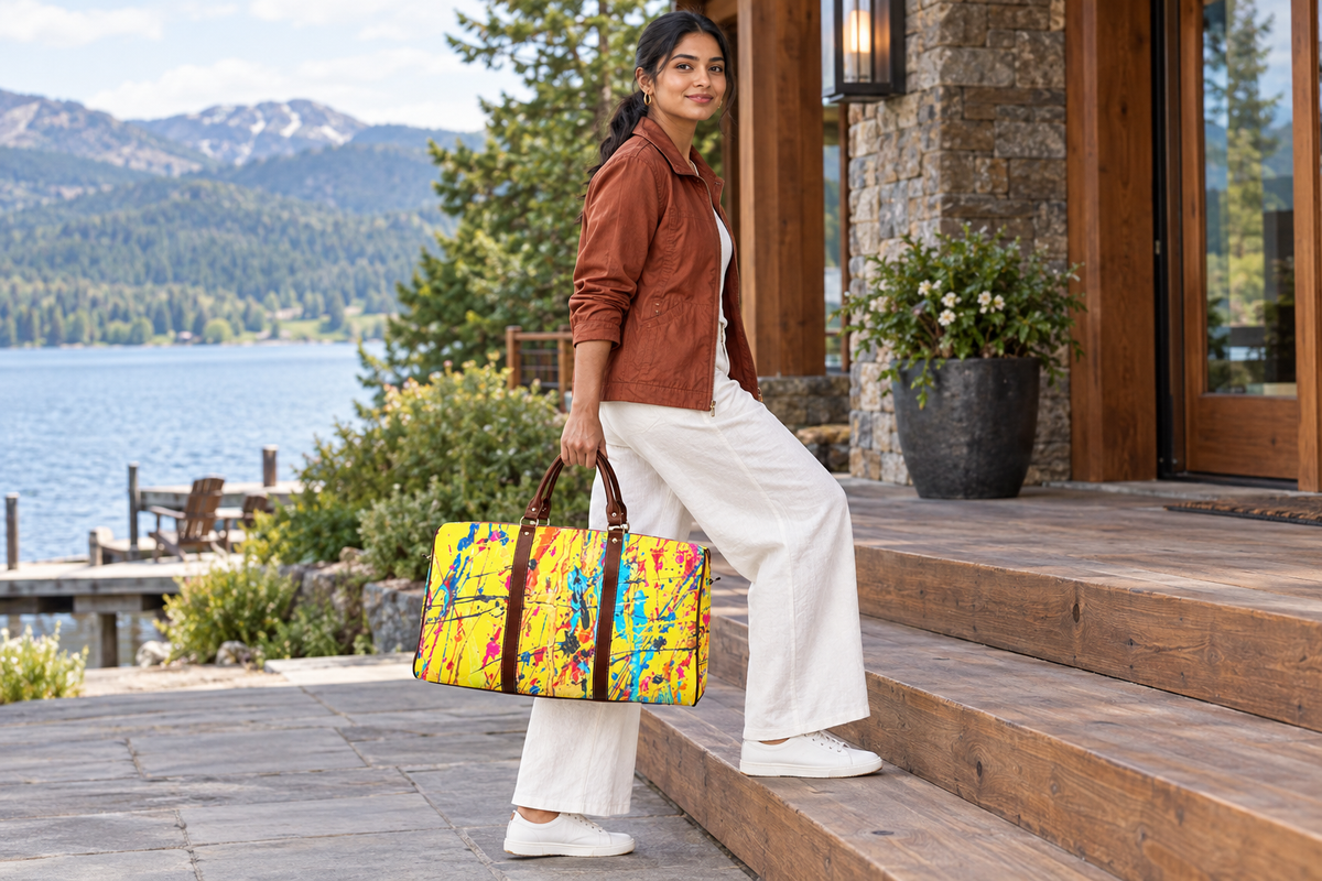 South Asian female model carrying the travel bag up a lakeside lodge step