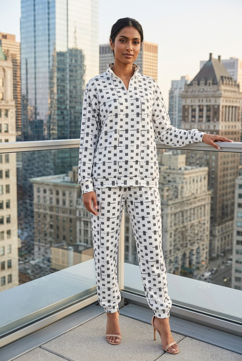South Asian female model standing on a rooftop terrace in nude heels