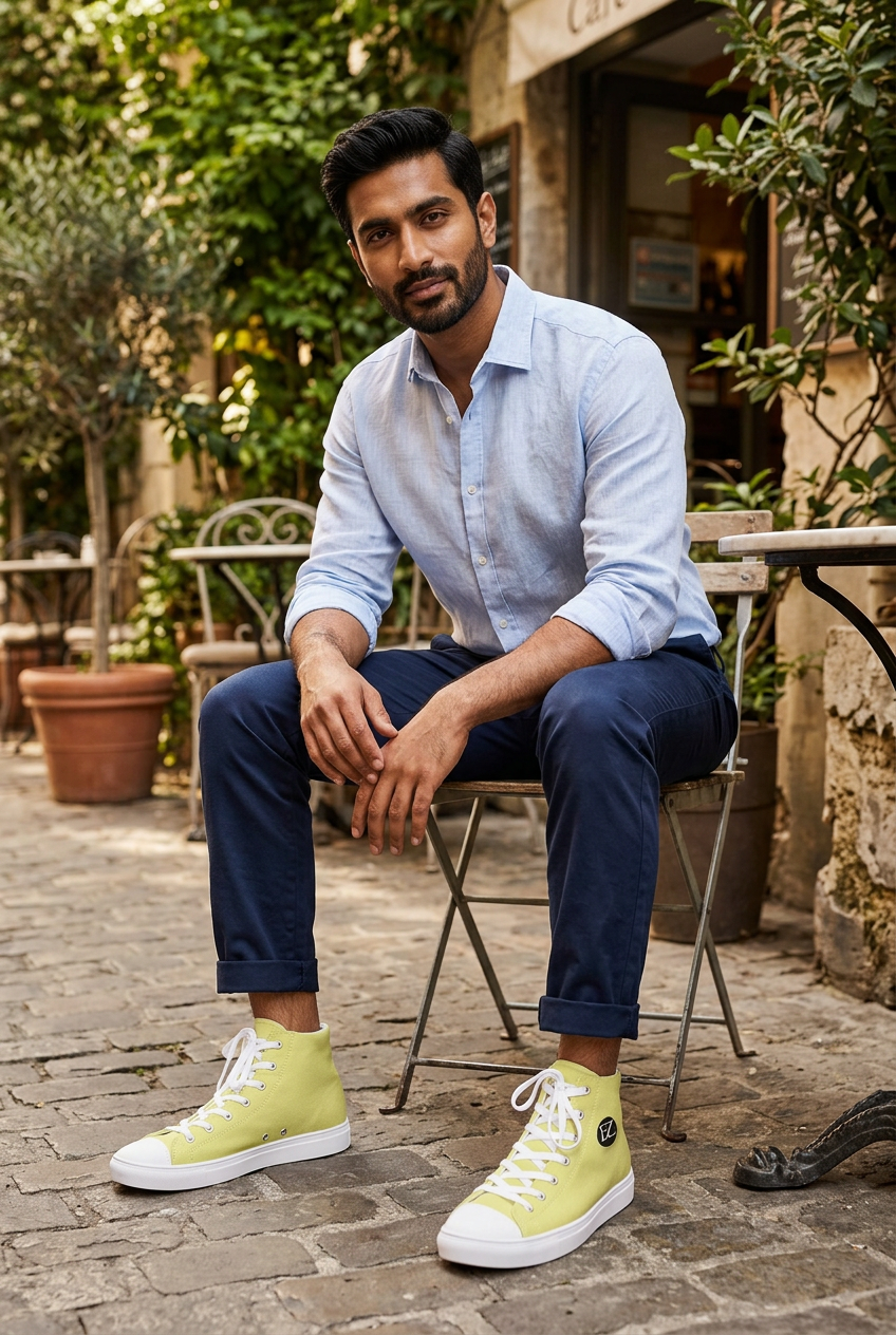 South Asian male model seated in a café courtyard