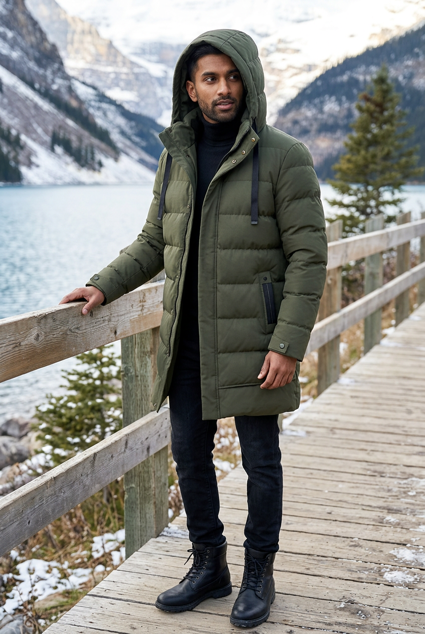 South Asian male model wearing the olive-green parka with the hood up at a mountain lake