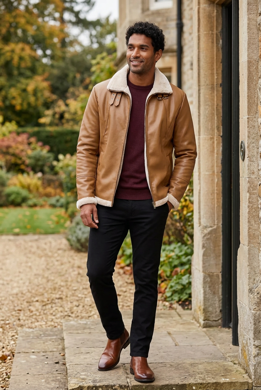 South Asian male model wearing the tan jacket outside a country hotel