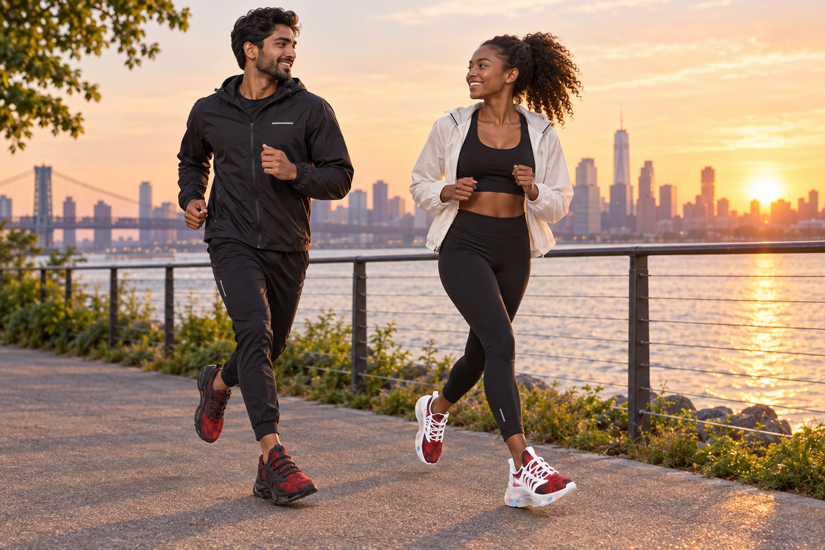 South Asian man and Black woman jogging by a river in the red-and-black sneakers