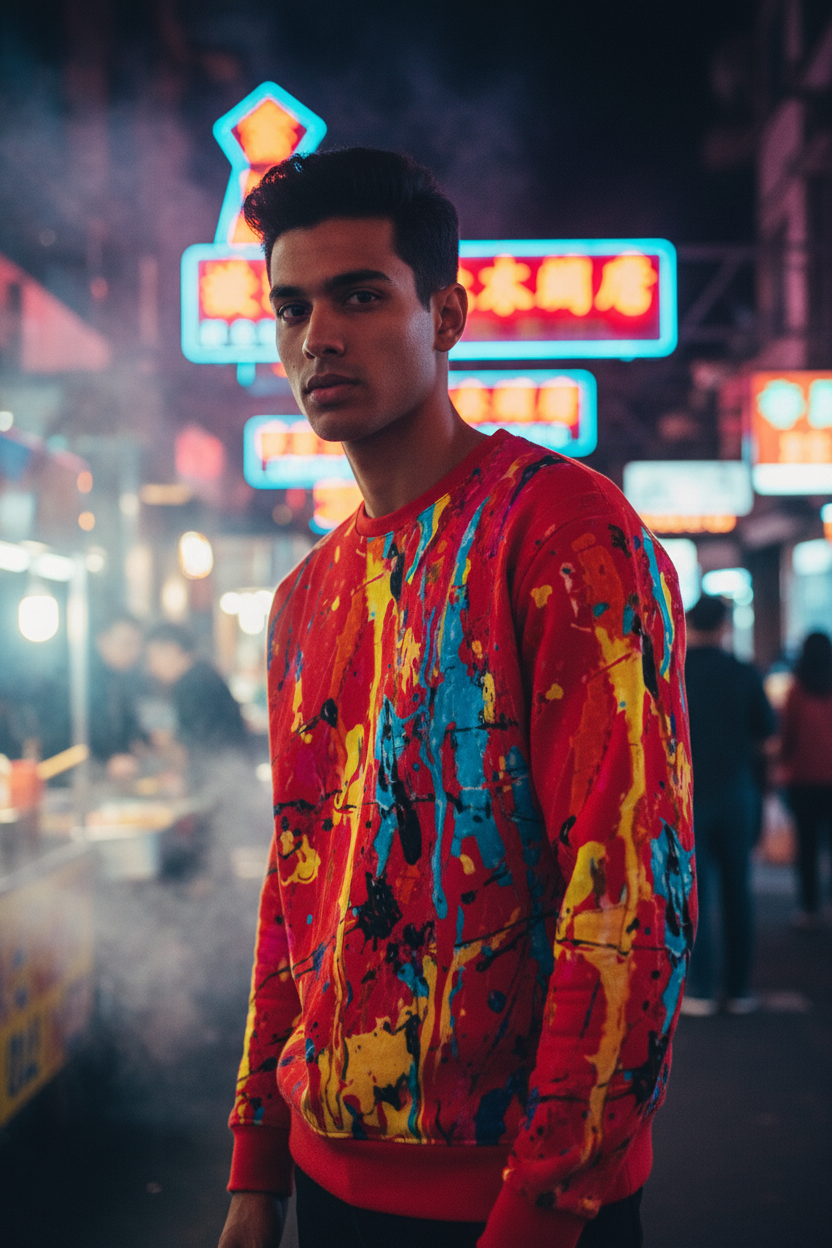 South Asian man in red paint splatter sweatshirt, night market setting