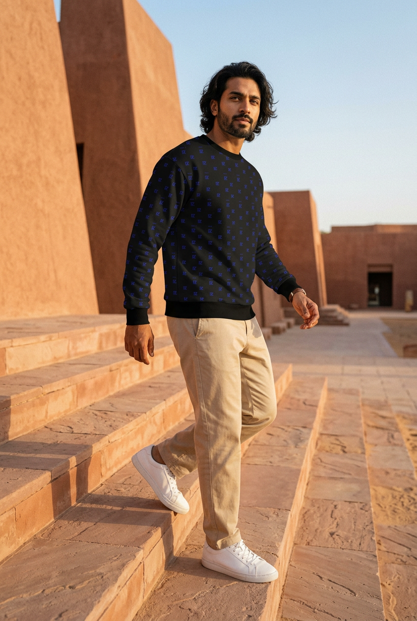 South Asian man stepping up stairs at a desert art museum