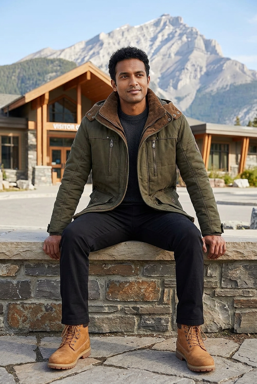 South Asian model seated outside a mountain visitor center
