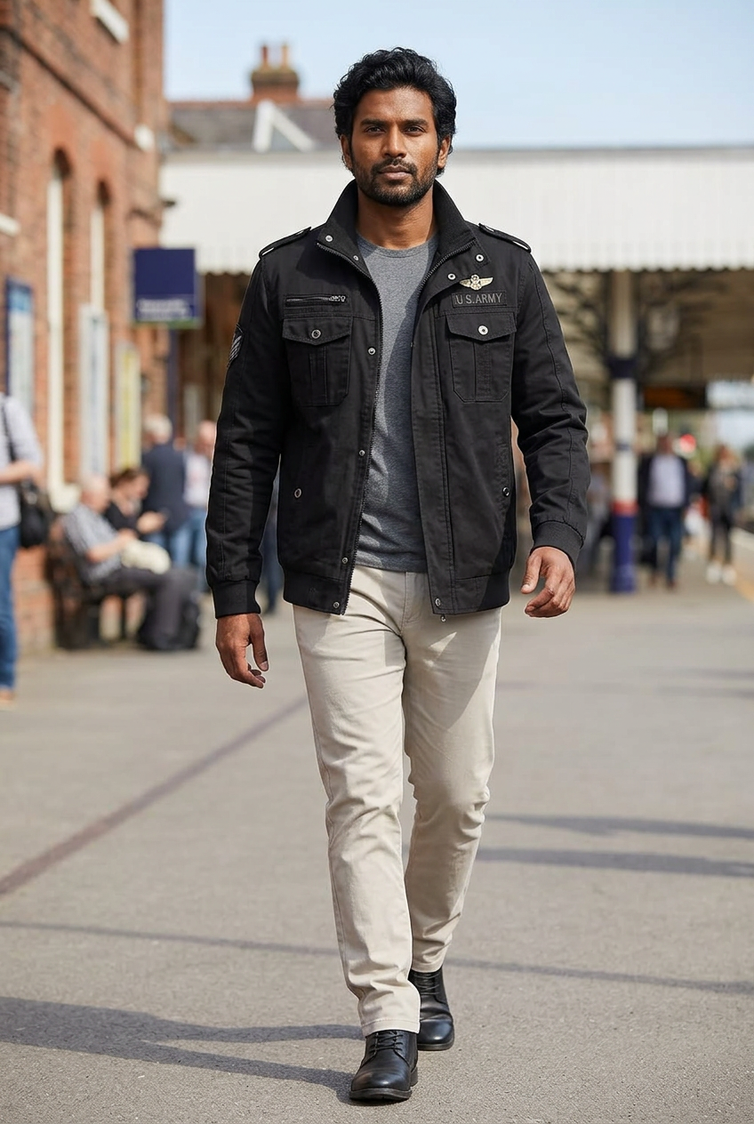 South Asian model walking across a railway-station forecourt