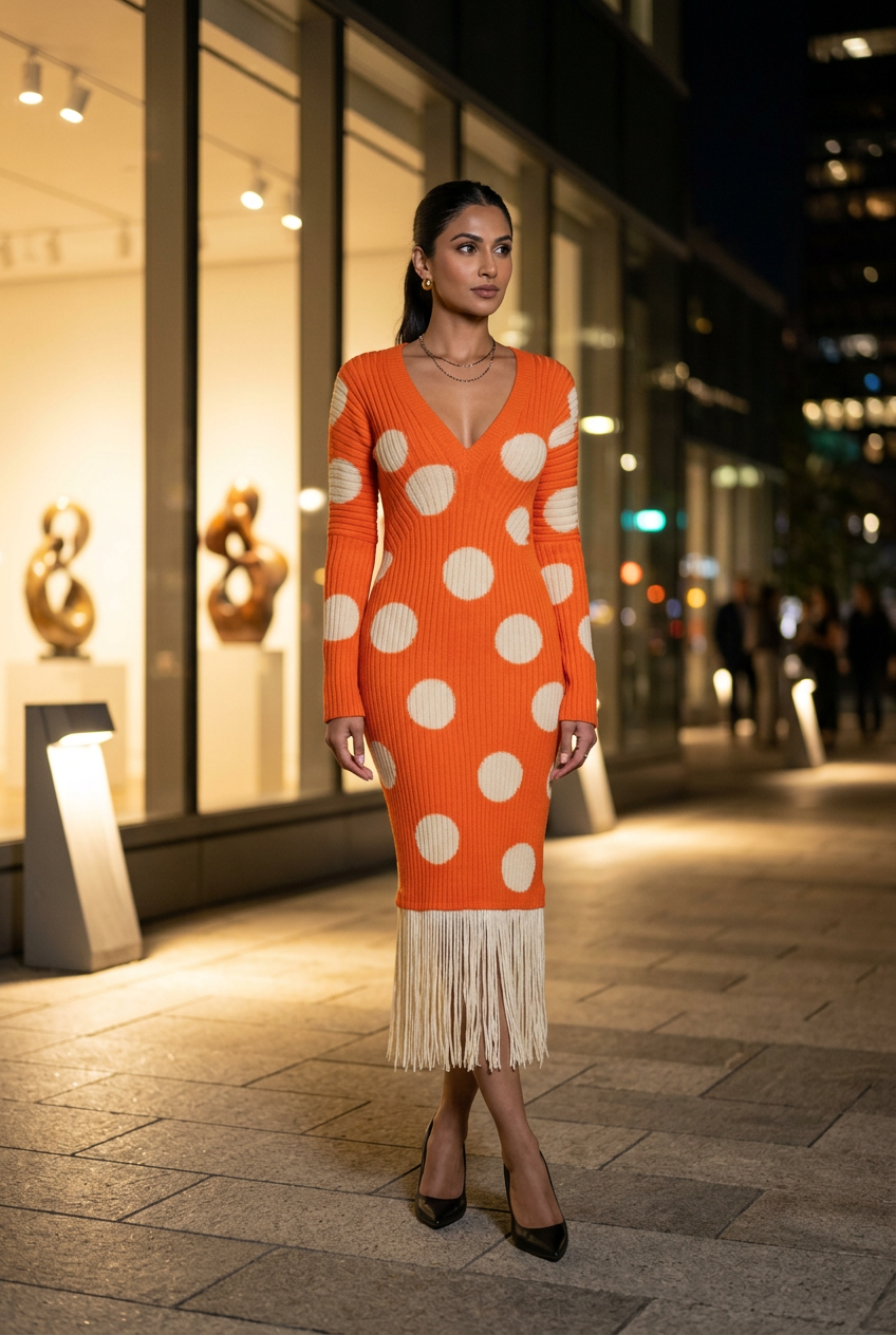 South Asian model wearing the dress with black pumps outside an art gallery