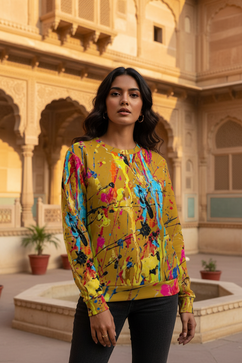 South Asian woman in golden mustard paint splatter sweatshirt, Indian palace setting