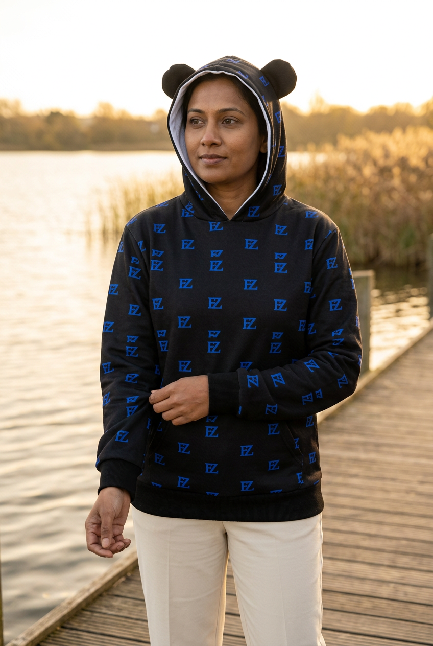 South Asian woman wearing the hoodie by a lake