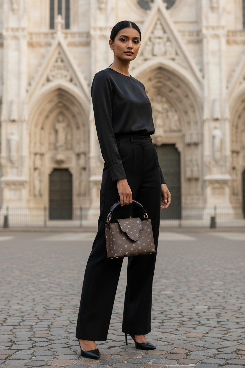 South Asian woman with brown FZ monogram handbag, architecture background