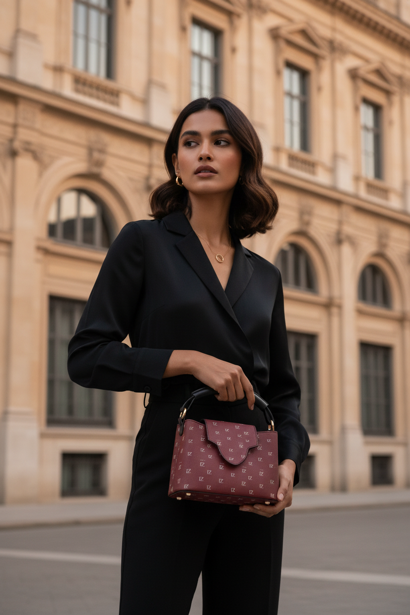 South Asian woman with burgundy FZ monogram handbag, architecture background