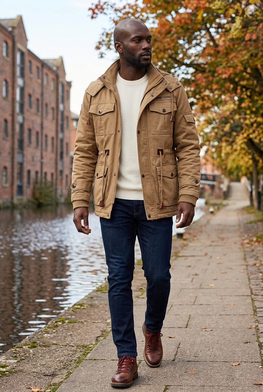 Tan utility jacket styled along an autumn canal