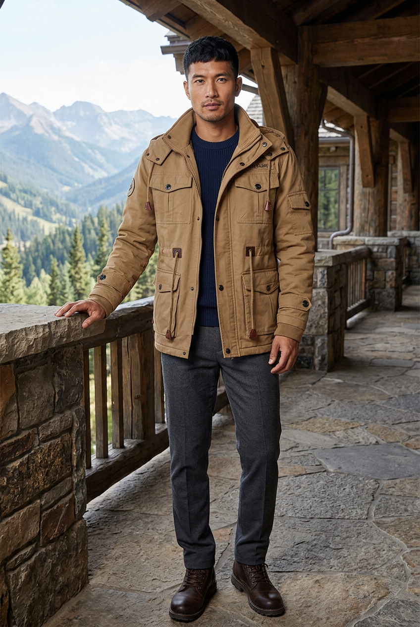 Tan utility jacket styled at a mountain lodge