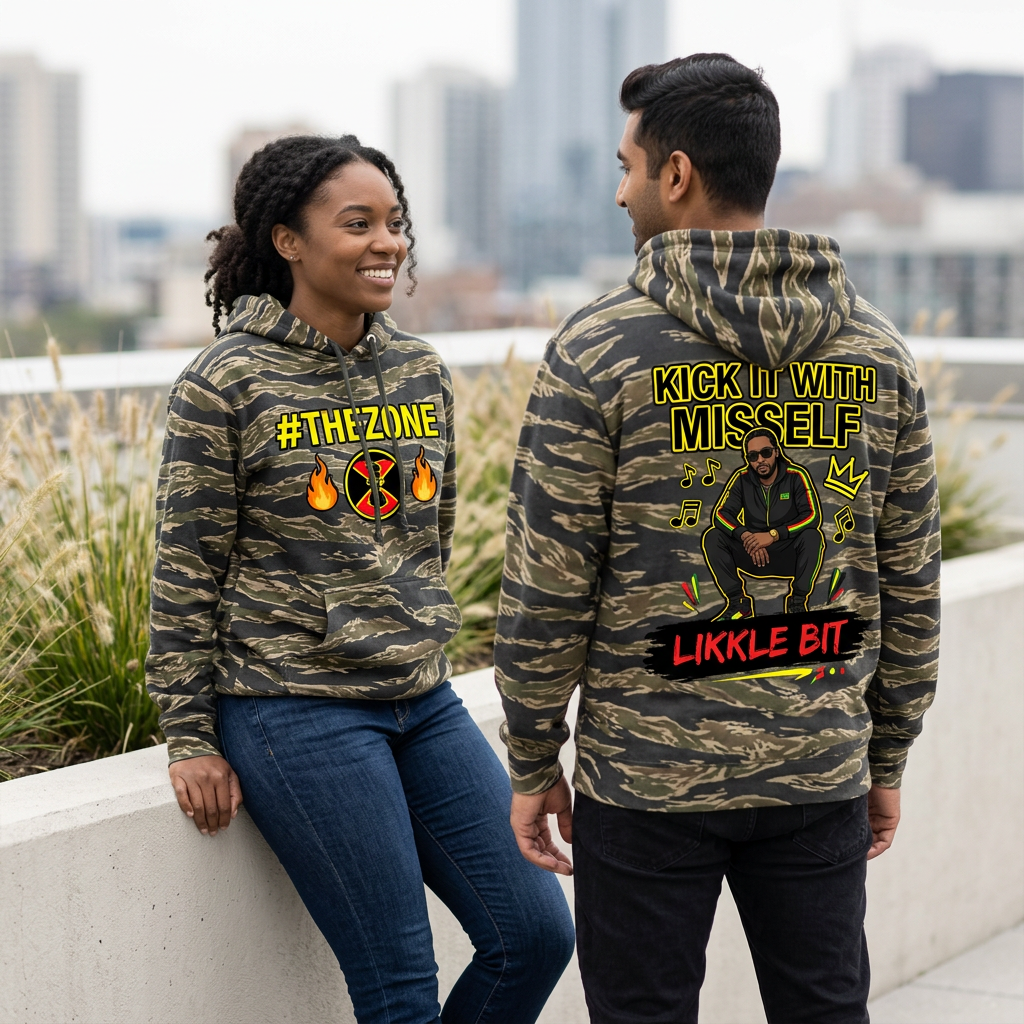 Tiger-camo hoodie lifestyle image with woman showing the front and man showing the back in a rooftop garden