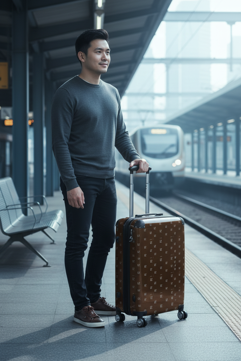 Train platform beside the suitcase