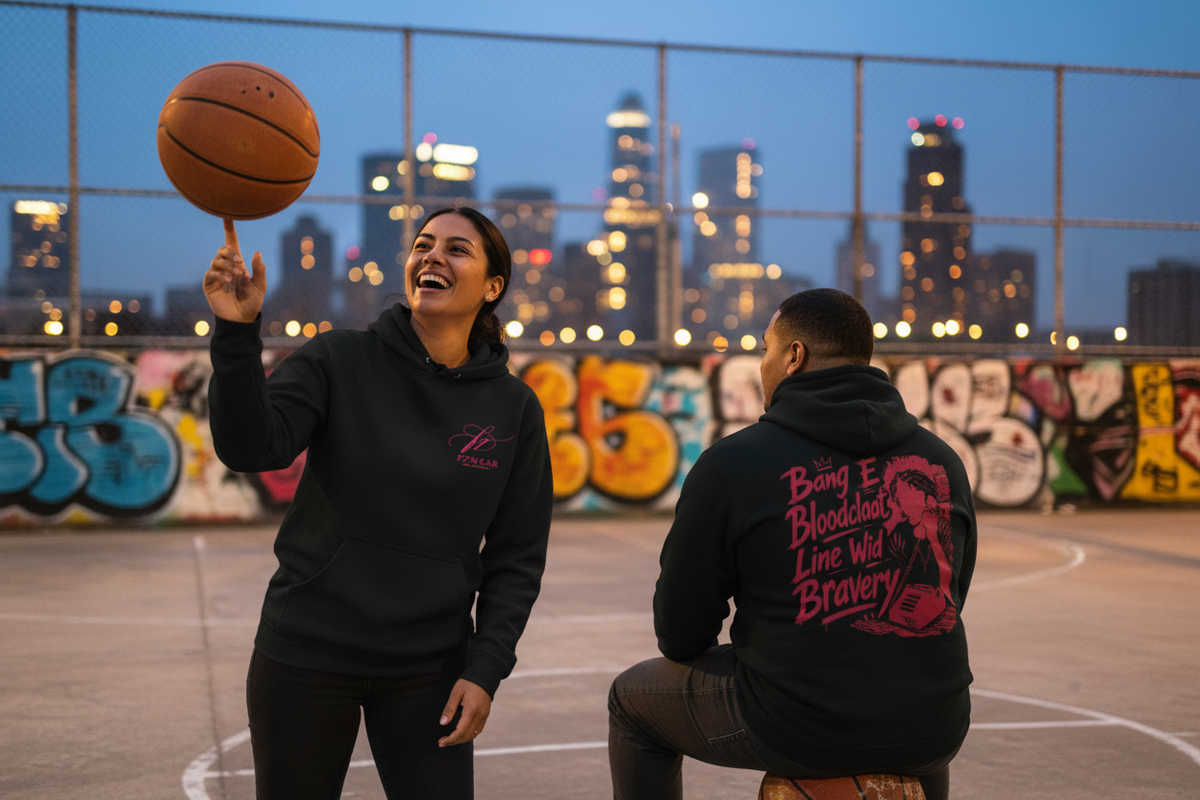 Two friends at a basketball court at dusk wearing the solid black hoodie, back graphic visible