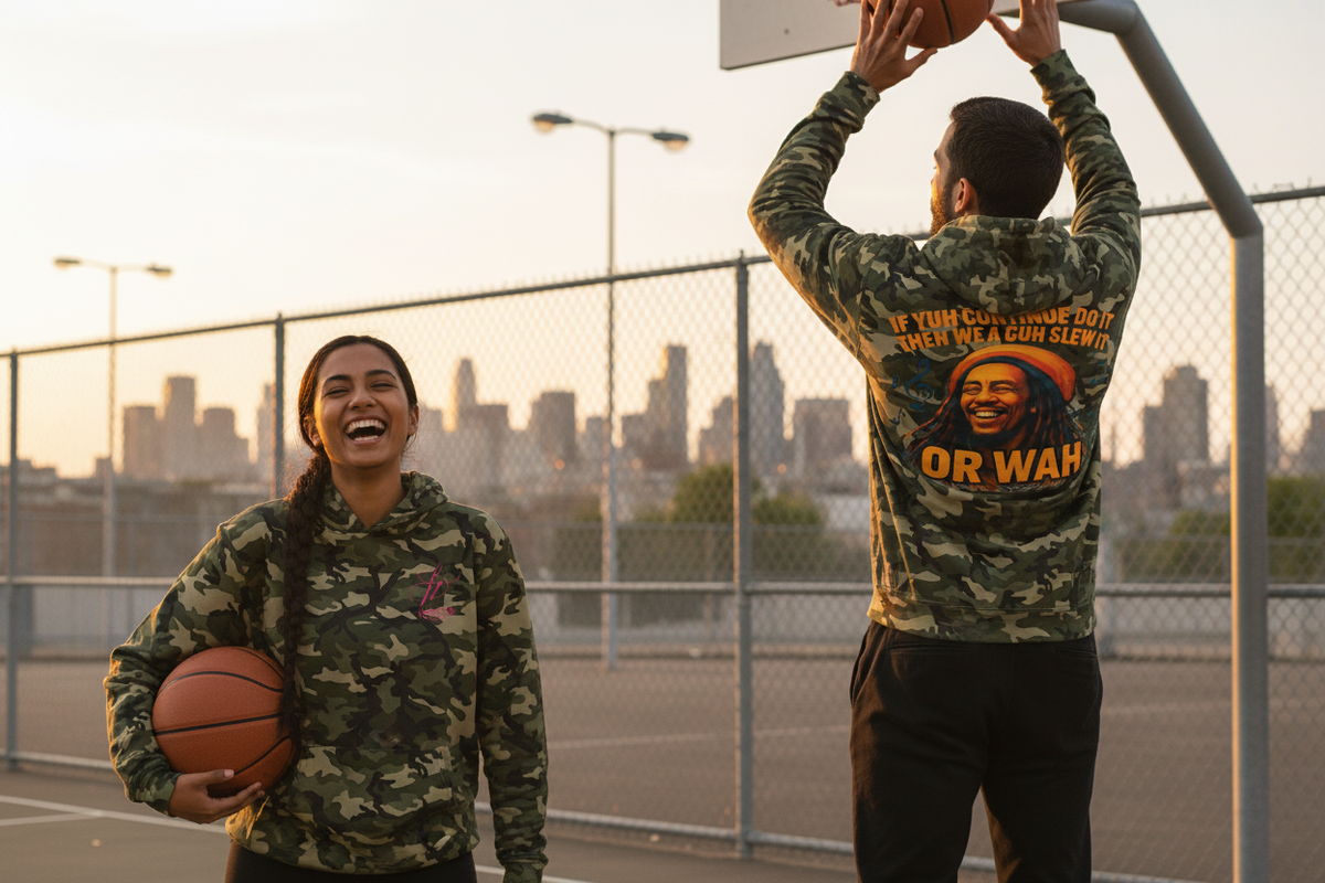 Two friends at a basketball court wearing the hoodie, front and back visible