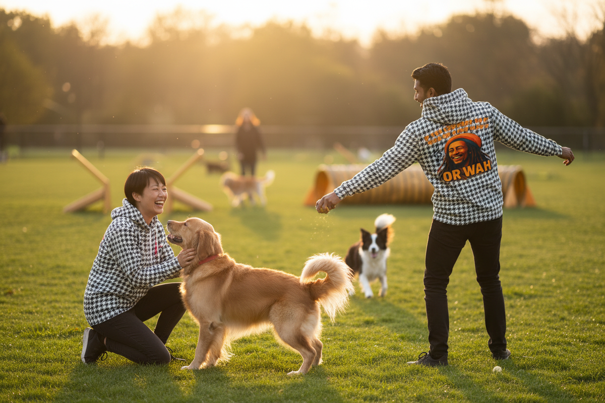 Two friends at a dog park wearing the hoodie, front and back visible