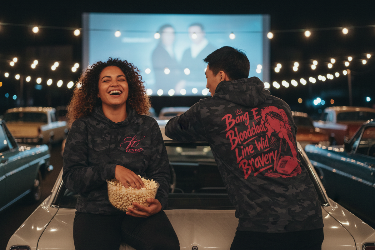 Two friends at a drive-in movie night wearing the black camo hoodie, back graphic visible