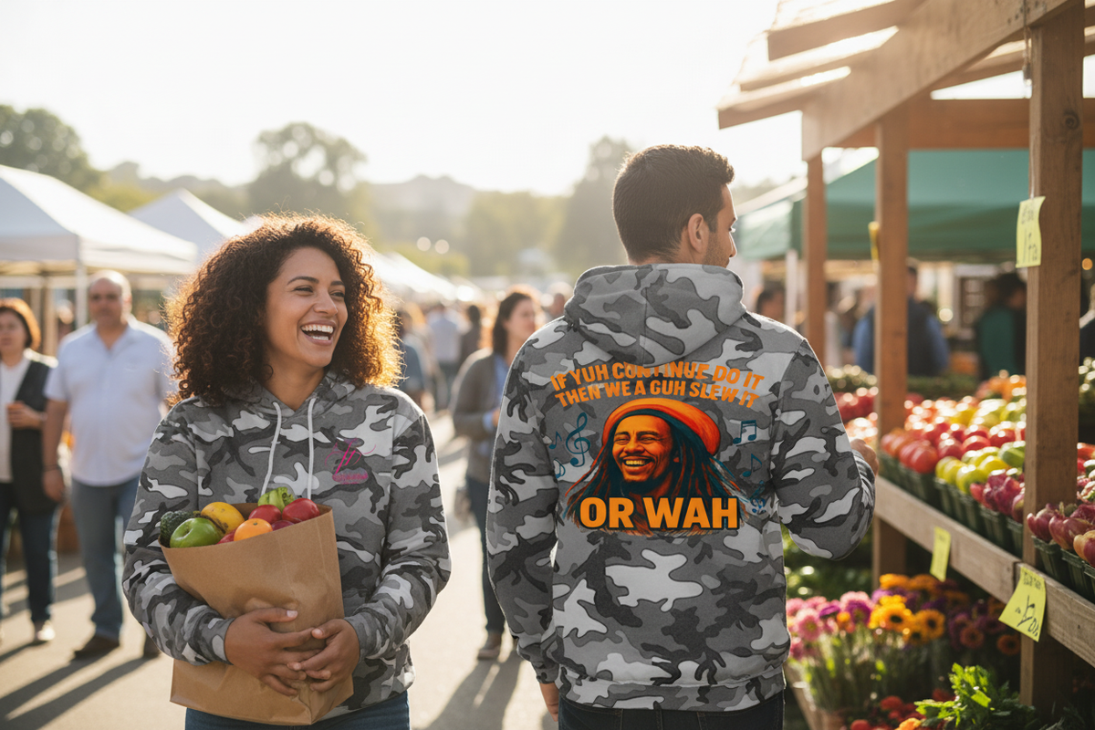 Two friends at a farmers market wearing the hoodie, front and back visible