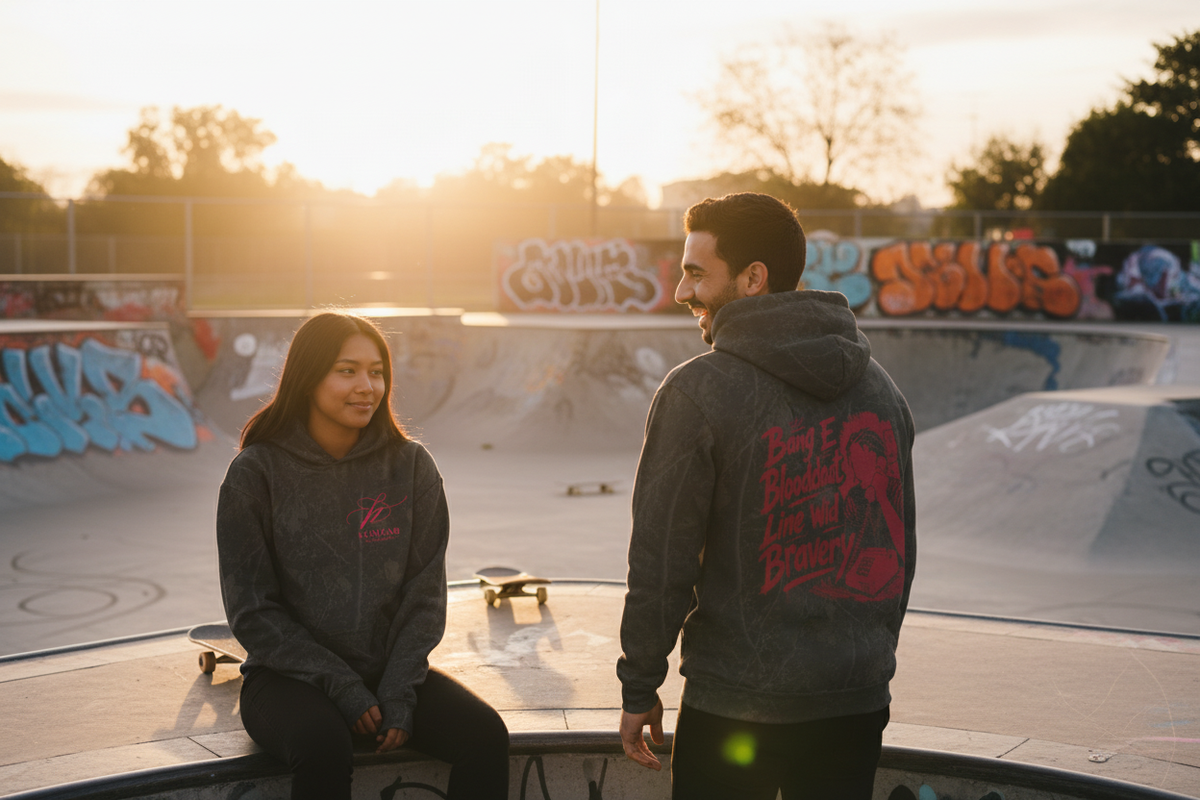 Two friends at a sunset skate park wearing the dark mineral-wash hoodie, back graphic visible