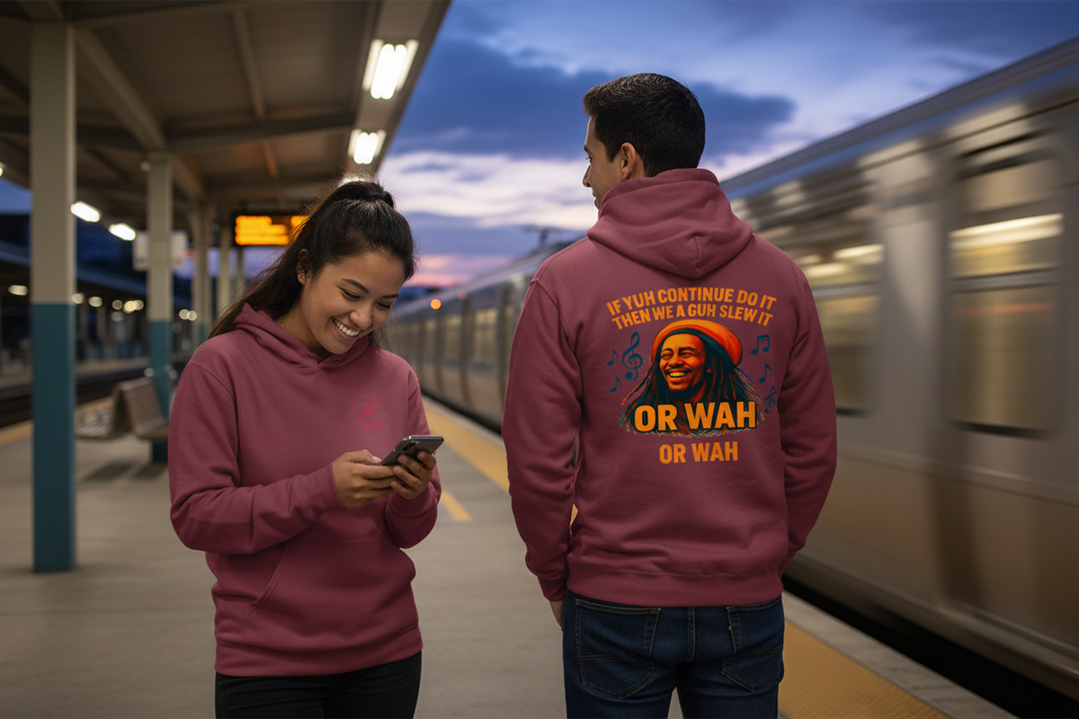 Two friends at a train platform wearing the hoodie, front and back visible