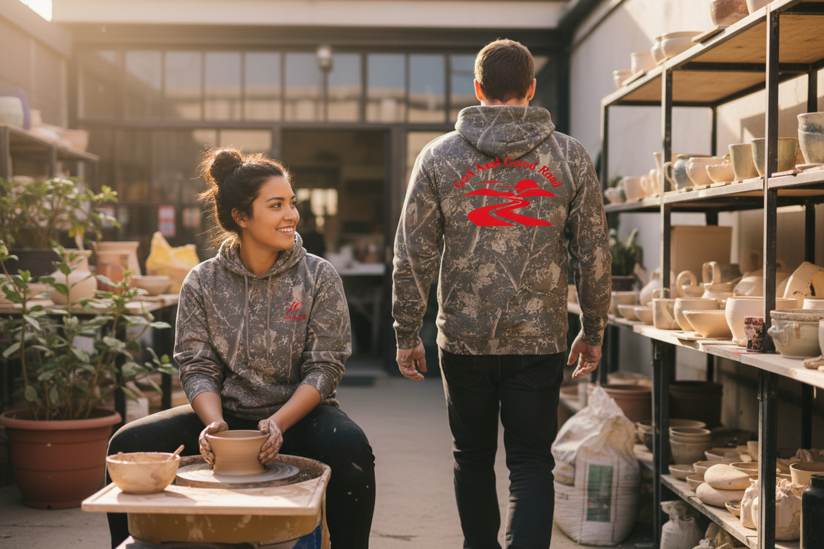 Two friends at an outdoor pottery studio with the hoodie front and back clearly visible