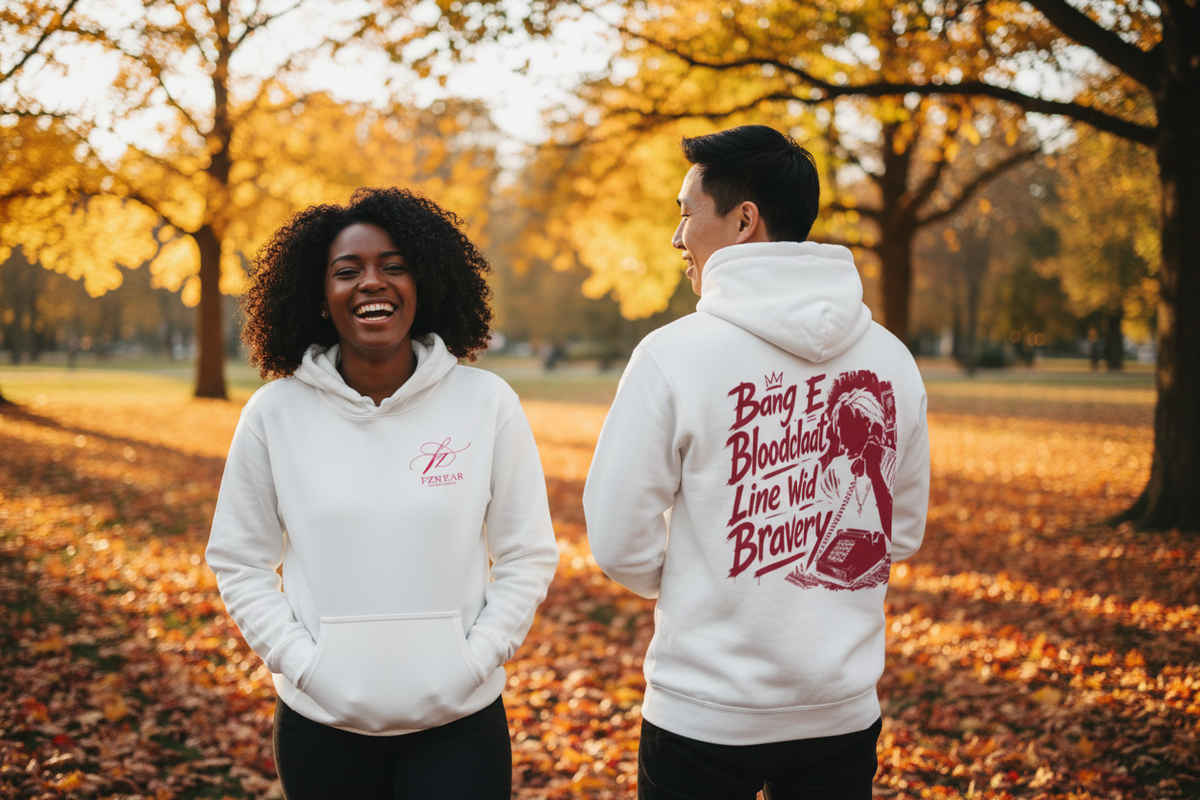Two friends in an autumn park, with the hoodie back graphic fully visible on the man