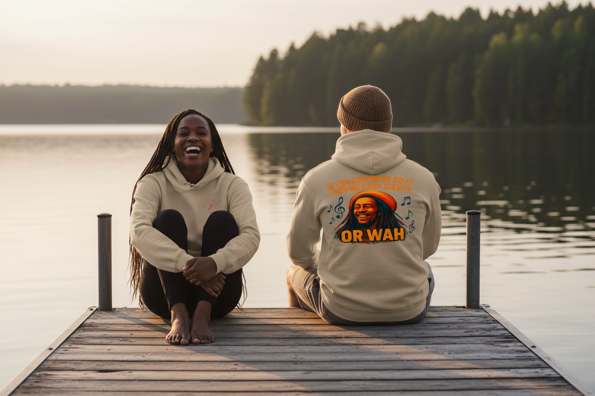 Two friends on a lakeside dock wearing the hoodie, front and back visible