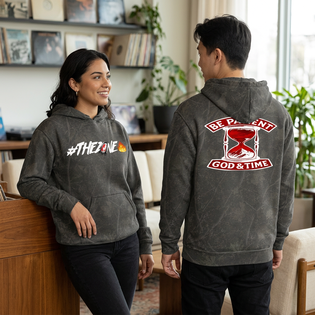 Washed-charcoal hoodie lifestyle image with woman showing the front and man showing the back in a music lounge