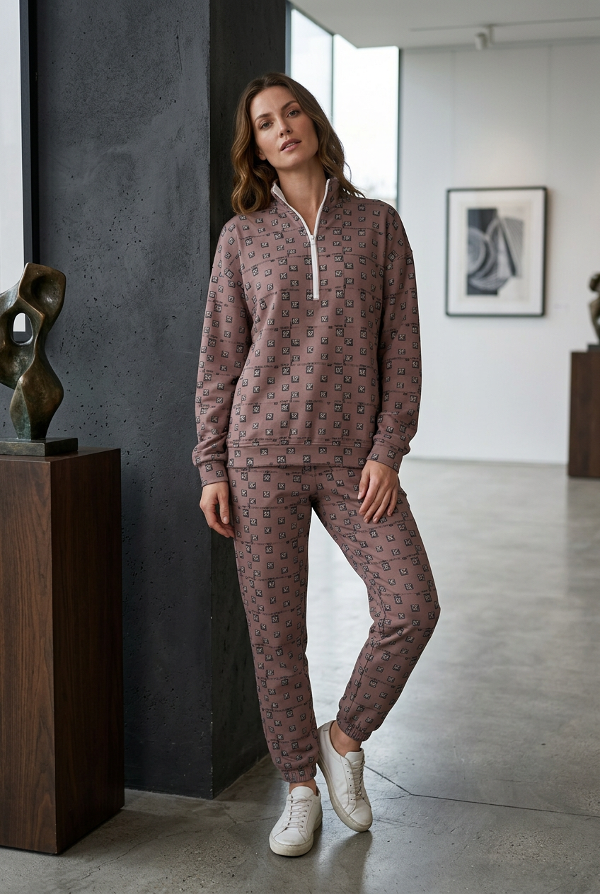 White female model leaning against a gallery wall in white sneakers
