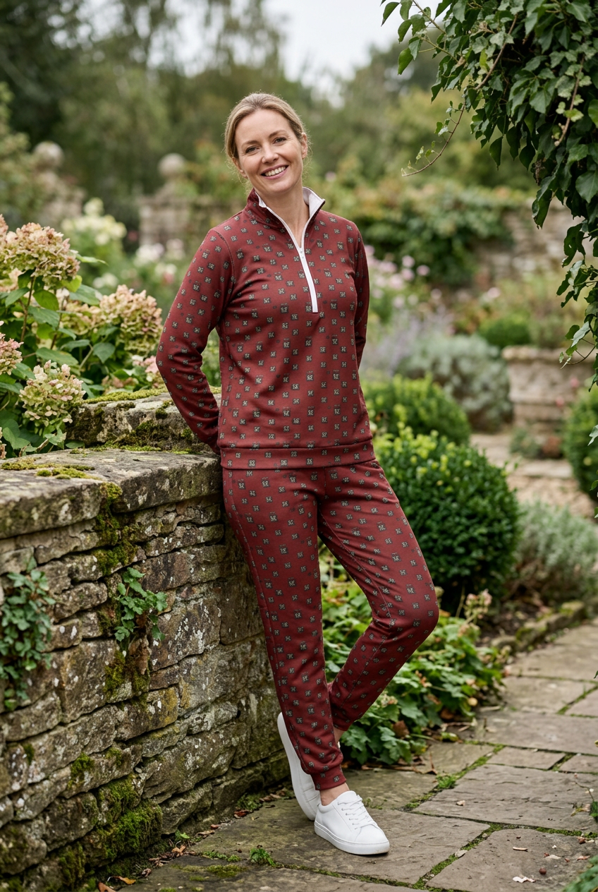 White female model leaning against a garden wall in sneakers