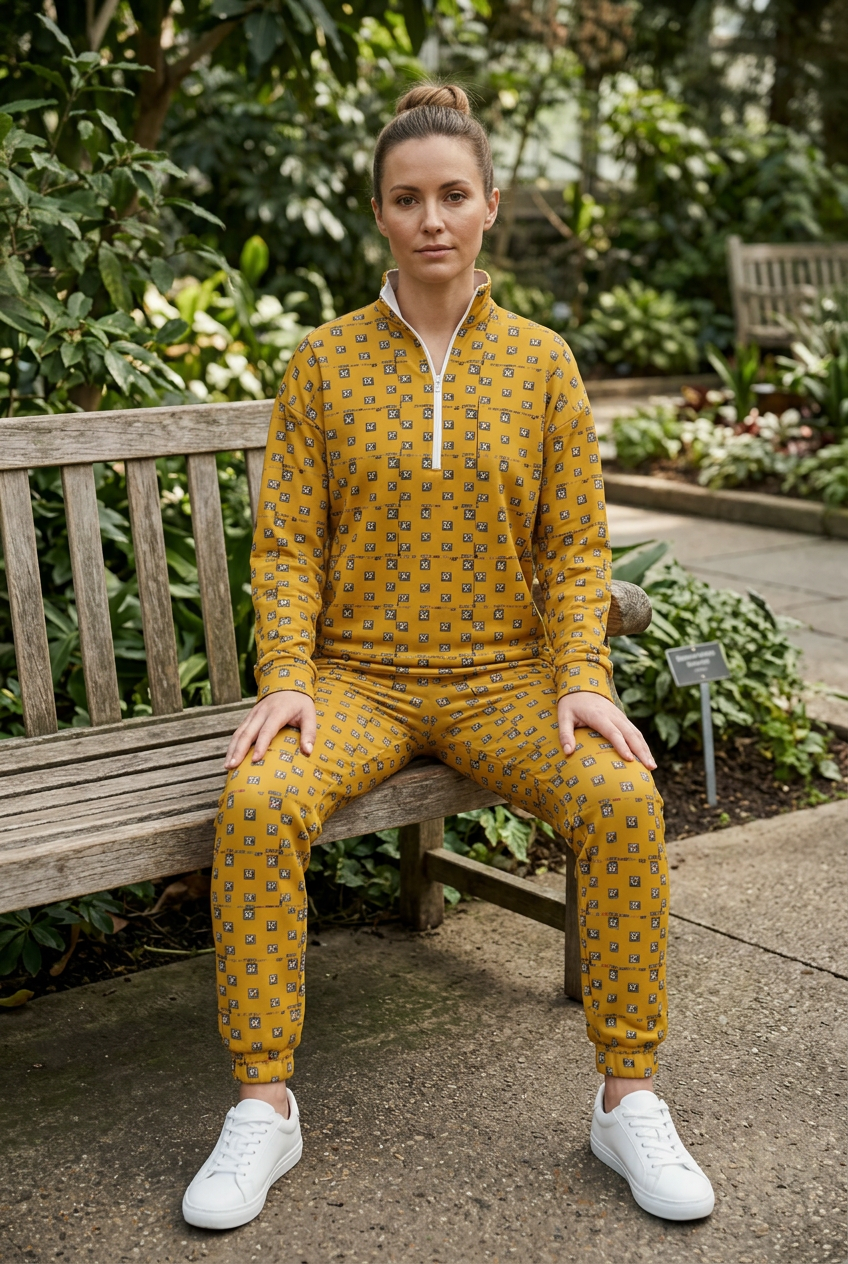 White female model seated on a garden bench in white sneakers