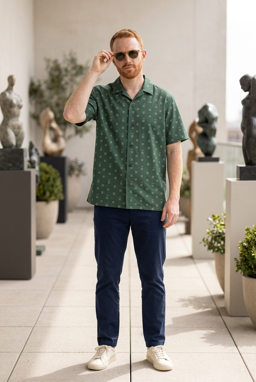 White male model adjusting sunglasses on an art gallery terrace
