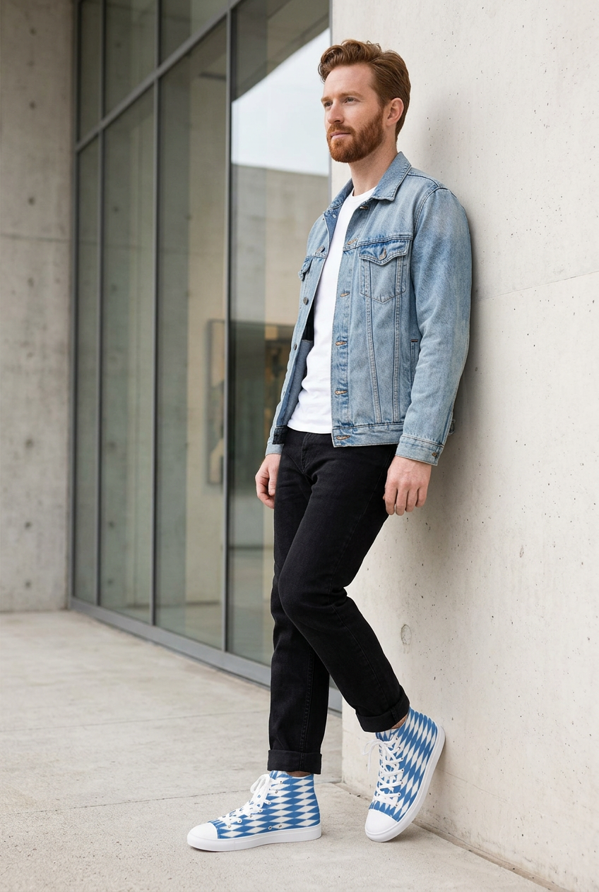 White male model beside a modern gallery
