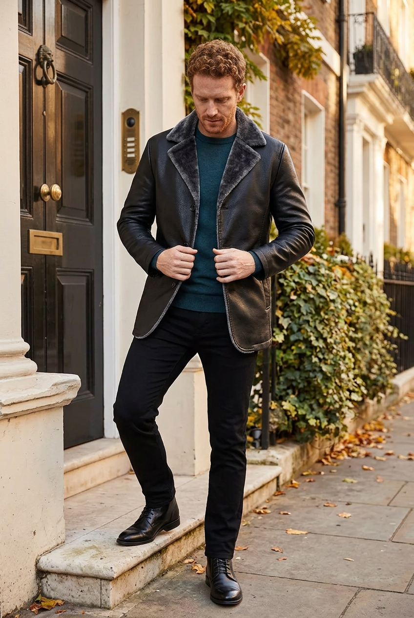 White male model wearing the black PU blazer with gray plush lapels outside a historic townhouse