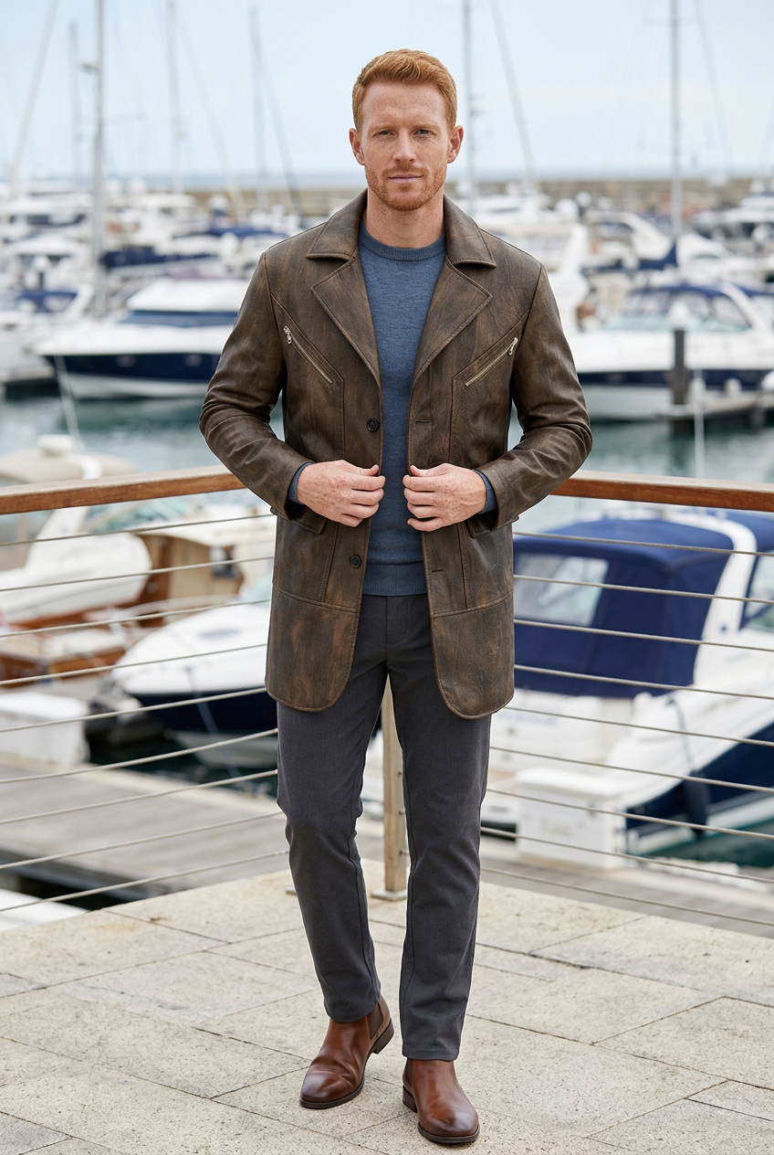 White male model wearing the distressed brown coat on a sail-club terrace