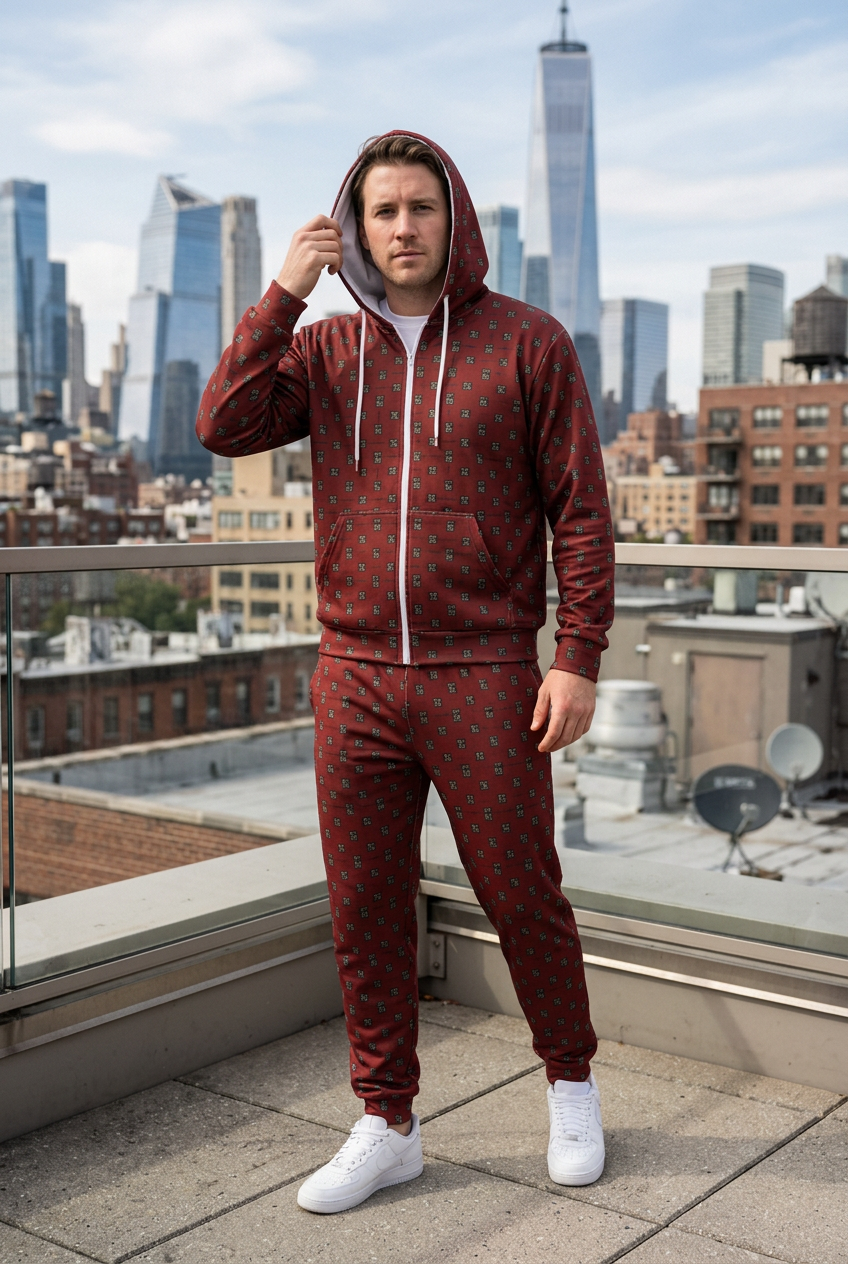 White male posing with hood up on a rooftop