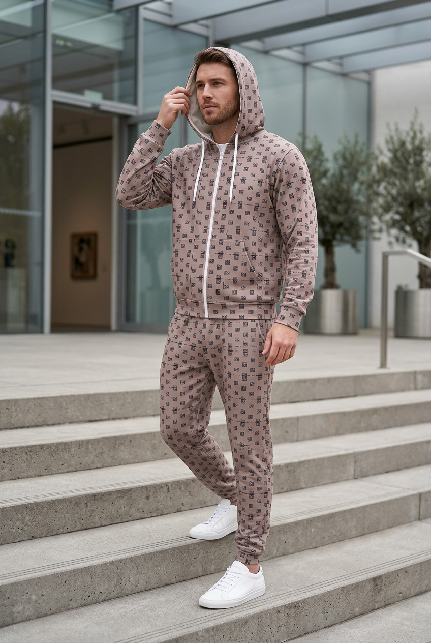 White male posing with hood up outside a contemporary gallery