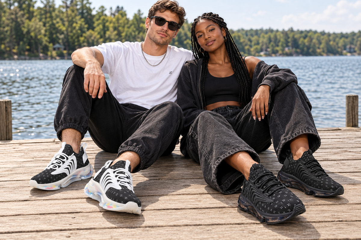 White man and Black woman on a lake dock in the black Z-logo sneakers