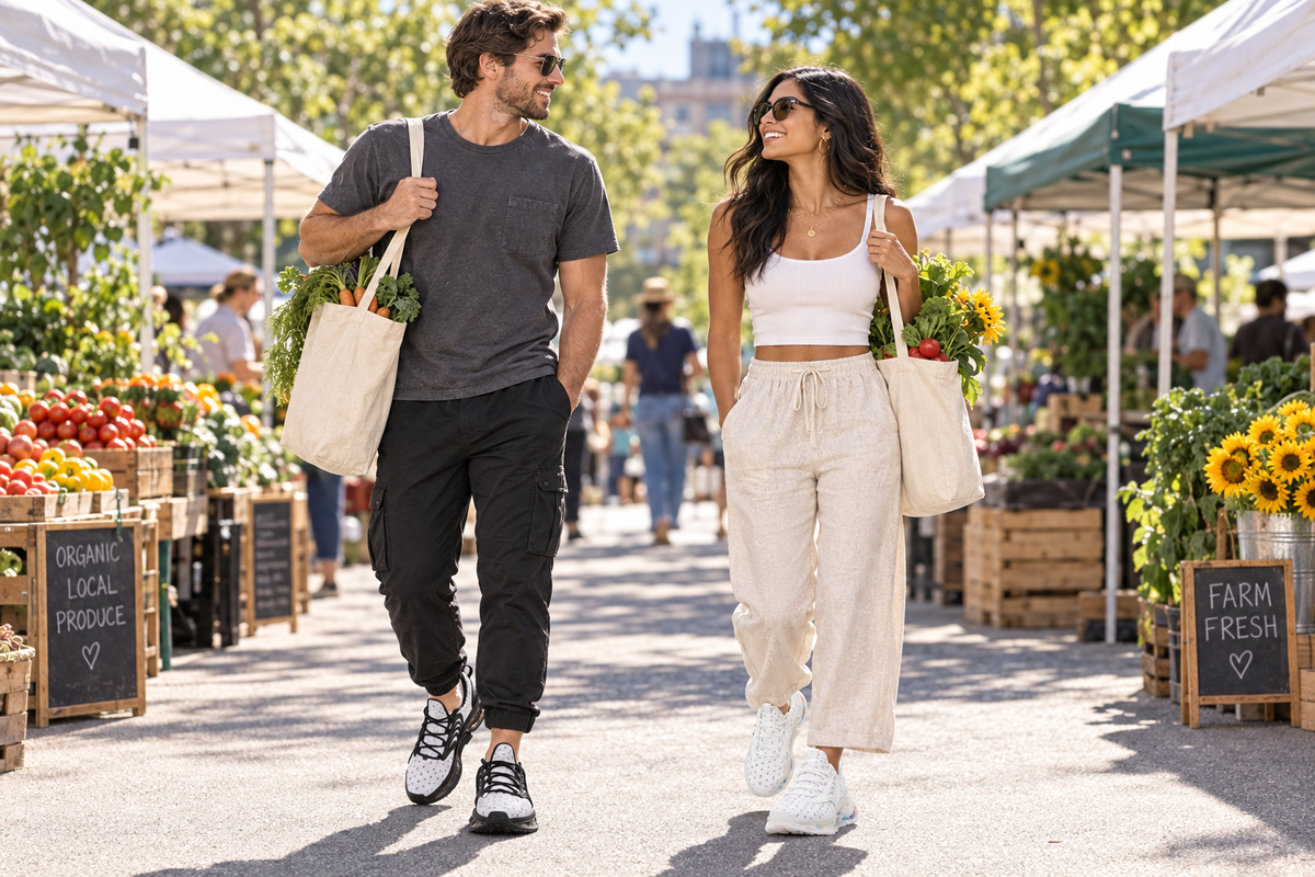 White man and Latina woman at a farmers market in the white Z-logo sneakers