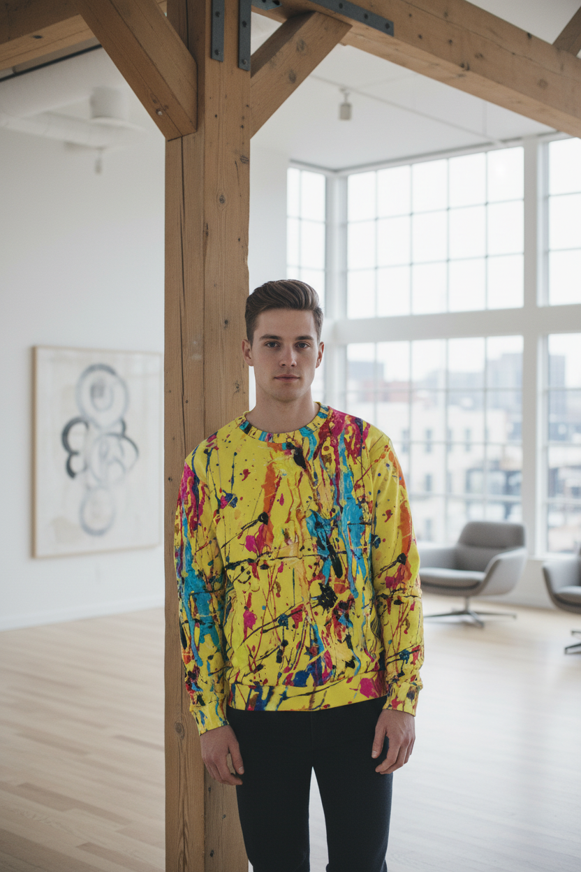 White man in yellow paint splatter sweatshirt, Scandinavian loft setting