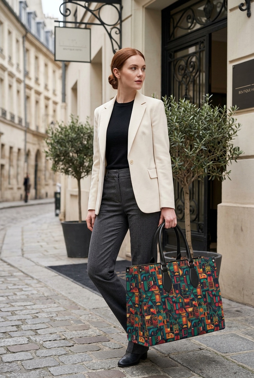 White model carrying the jumbo handbag outside a boutique hotel