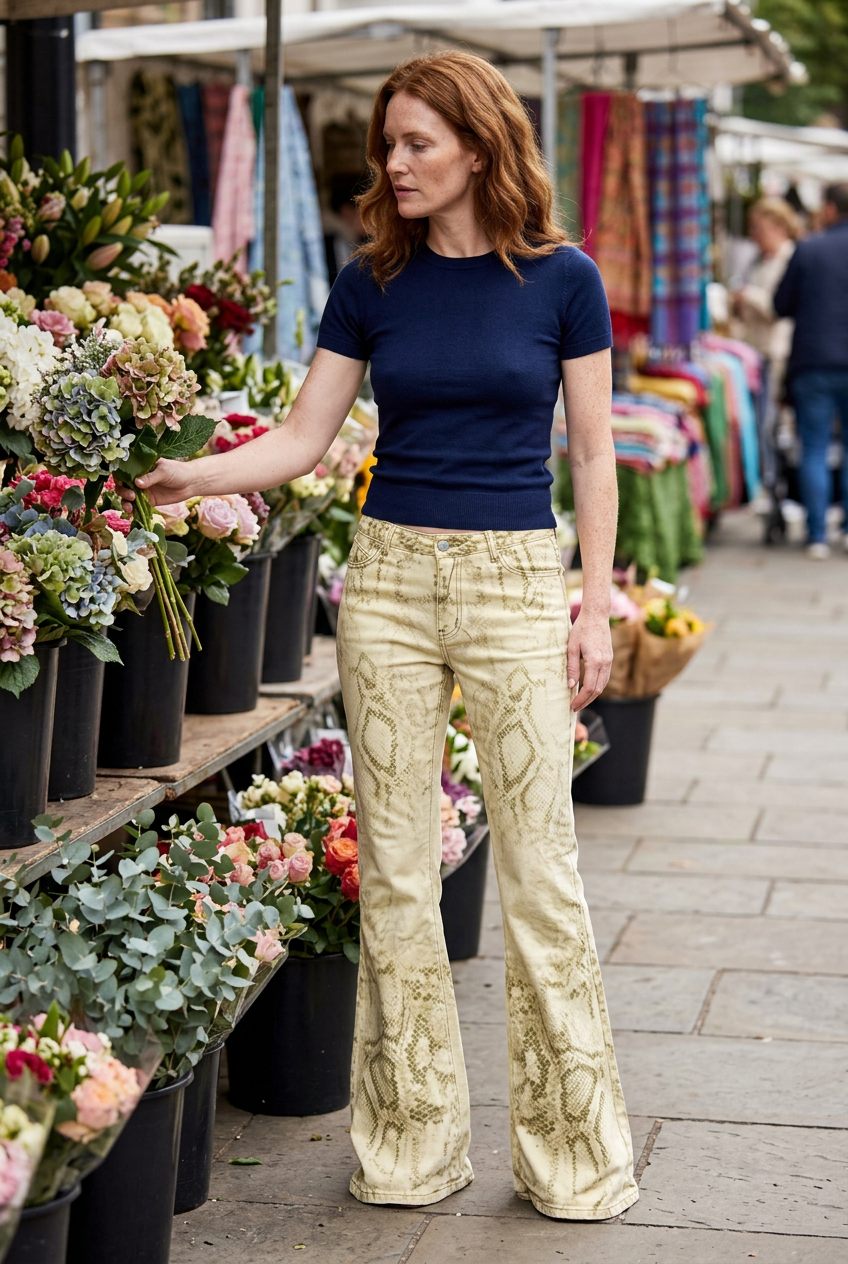White model, floor-length denim flares at a flower market