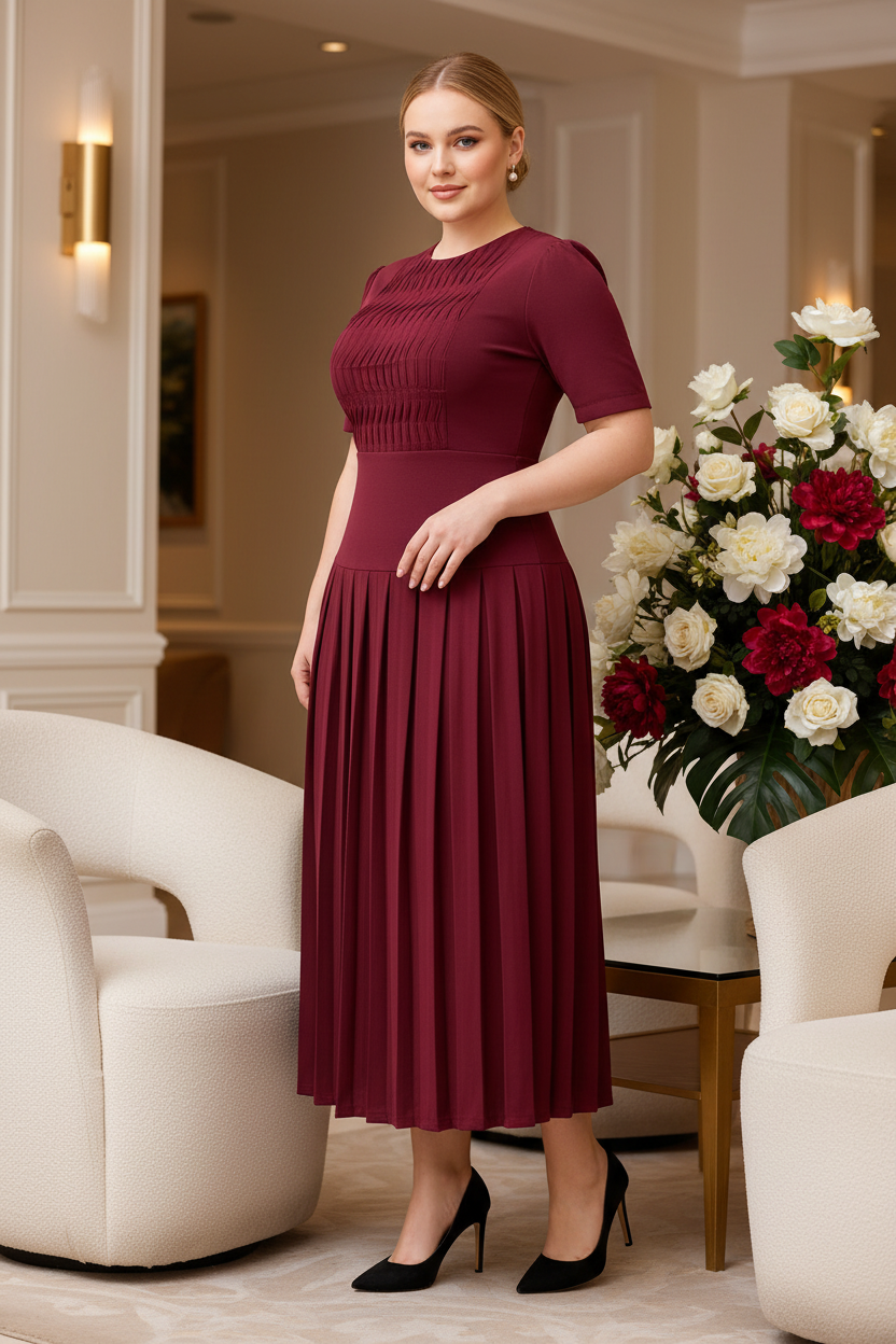 White model in burgundy pleated set in a boutique hotel