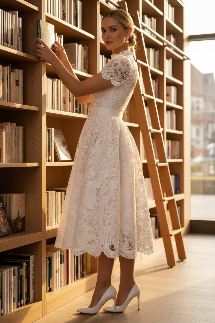 White model in white lace dress in an upscale bookshop